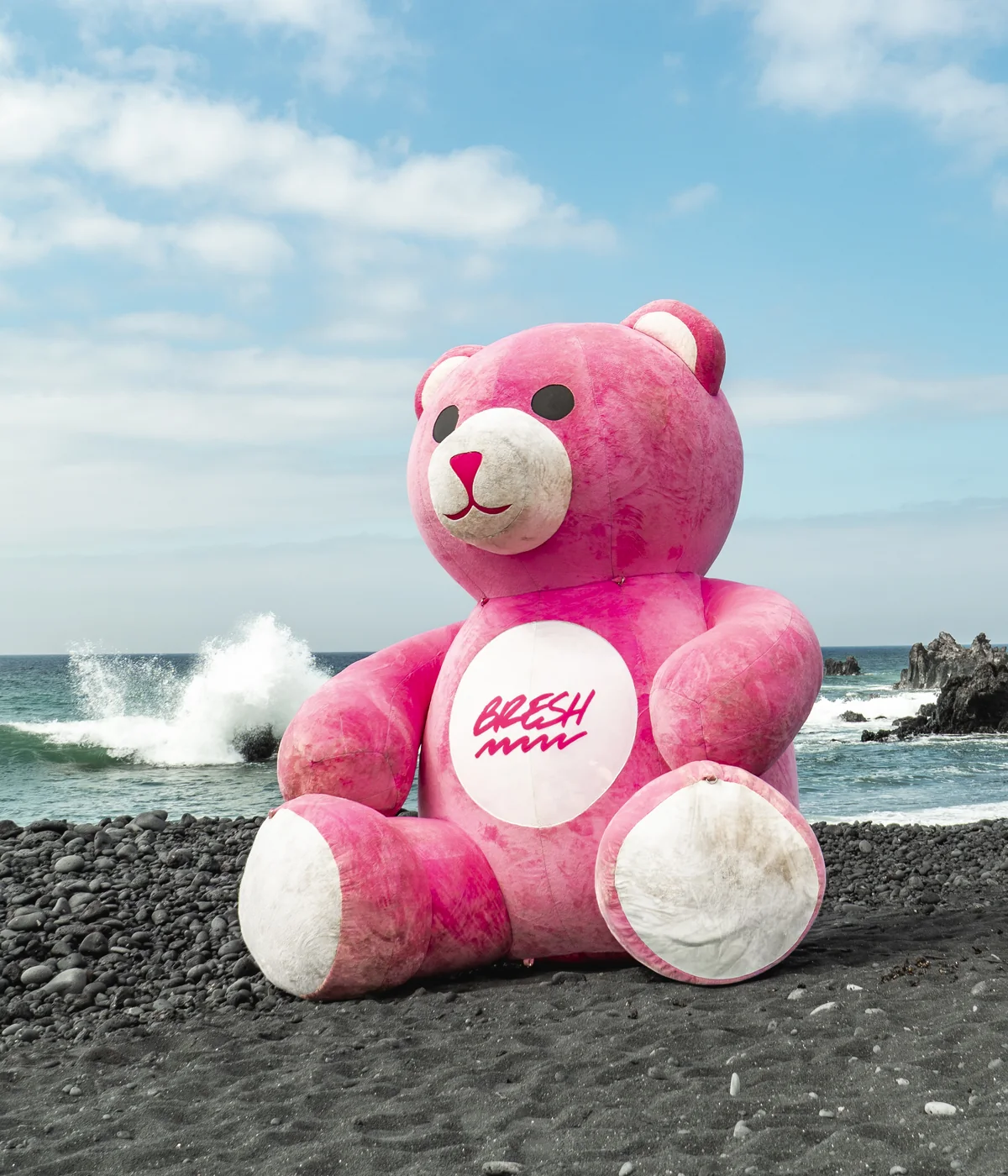 Oso gigante de Bresh en una playa de arena negra de Lanzarote